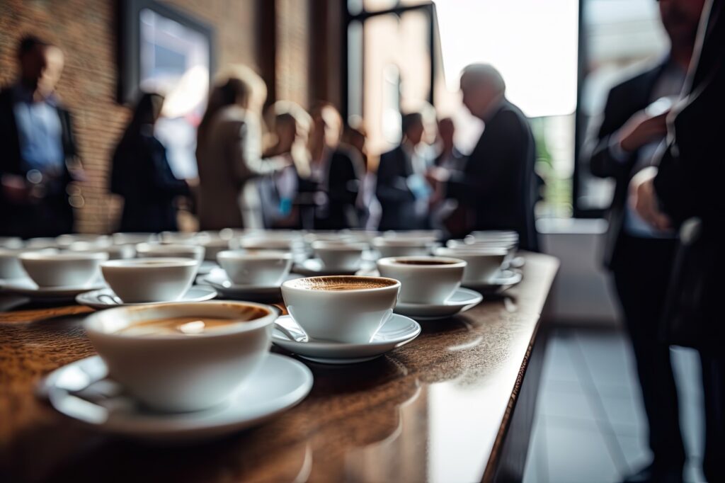 Cups laid out in a conference area